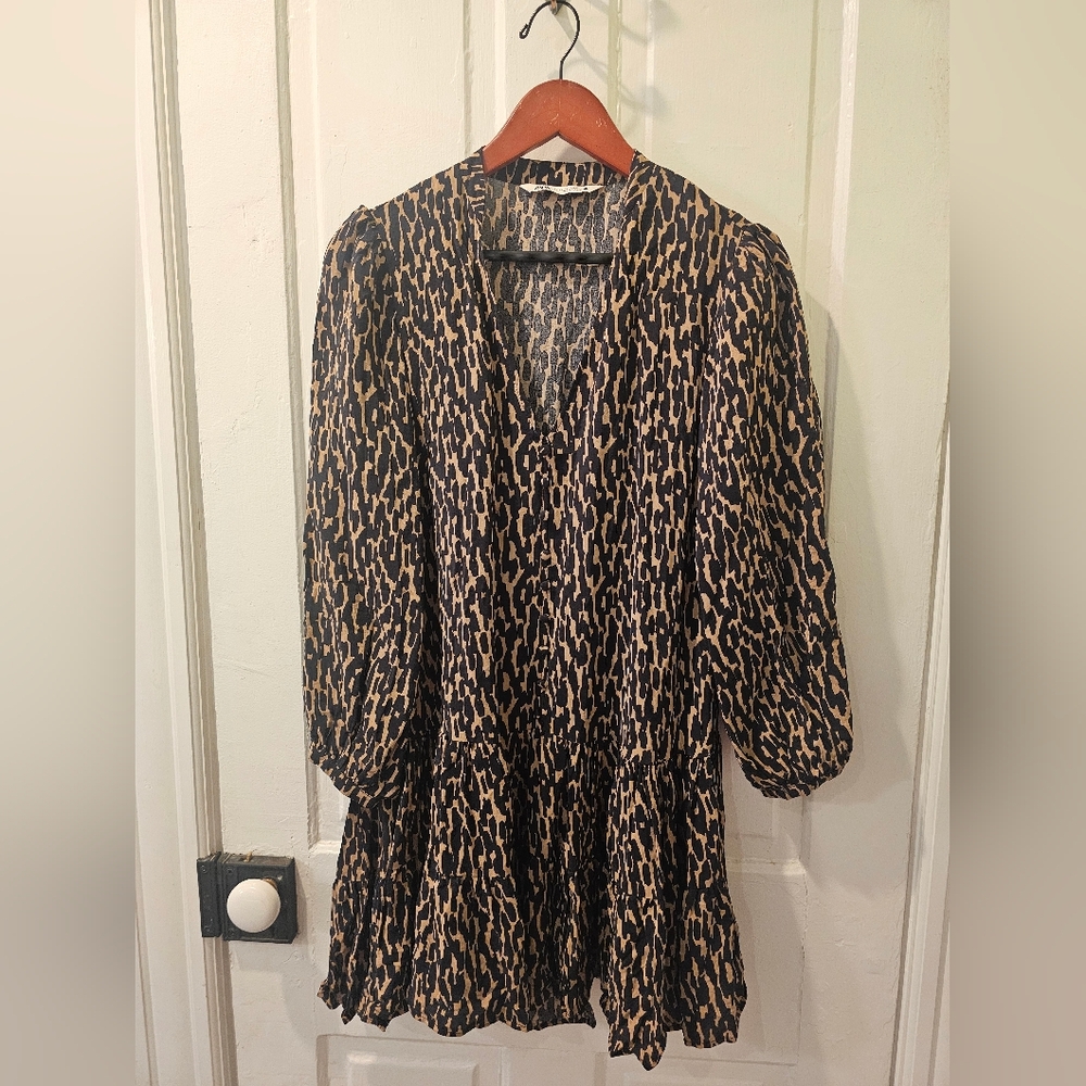 Zara "The Claris" Black And Tan Leopard Print Button Front Ruffled Dress XS